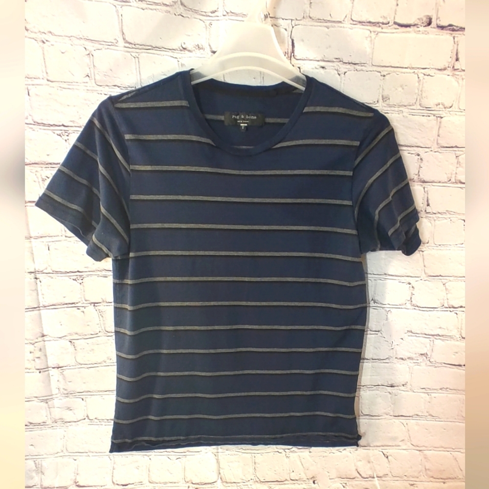 Rag & Bone Large Striped Crew Shirt Blue Grey